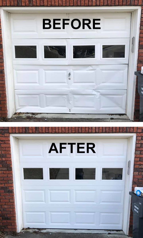 A before and after of a garage door we replaced in Jefferson, GA.